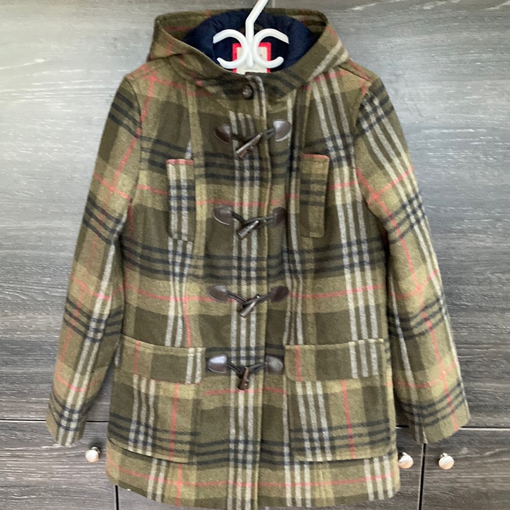 Old Navy 2006 Plaid Green Car Coat w Cream Navy Red  Toggles & Zipper EUC Large